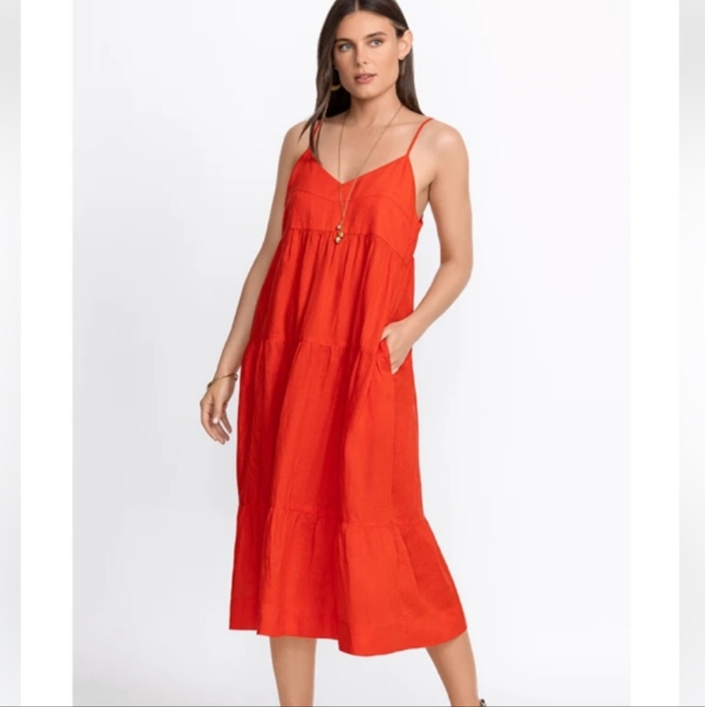 NWT Johnny Was Calme Linen Lollipop Red Tiered Midi Dress Size Small